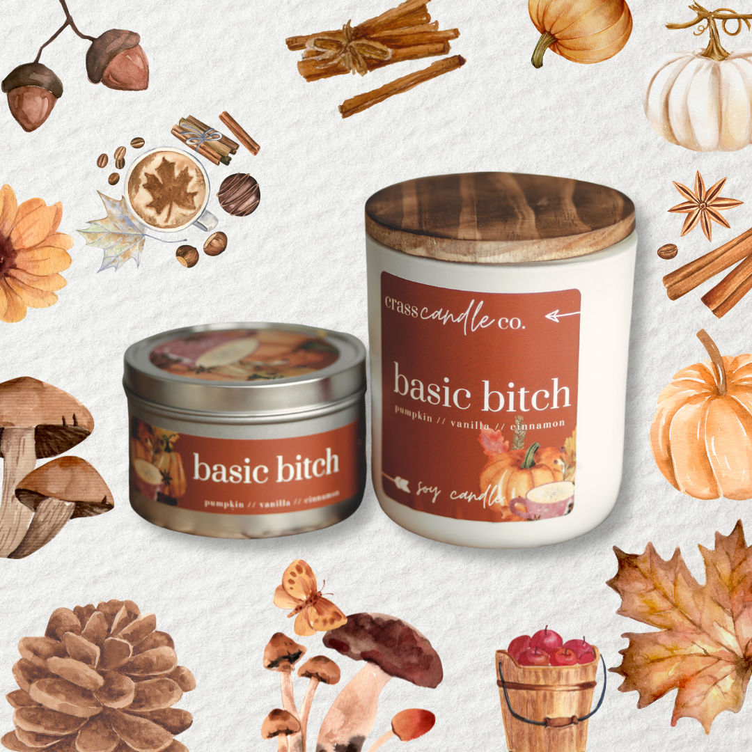 Both the jar and tin versions of Basic Bitch on white background with various watercolor fall items like leaves, cinnamon, pumpkins and spices. The jar is white with a square orange label and the tin is silver with a rectangle orange label, both say Basic Bitch and have pumpkins and a latte on the label.