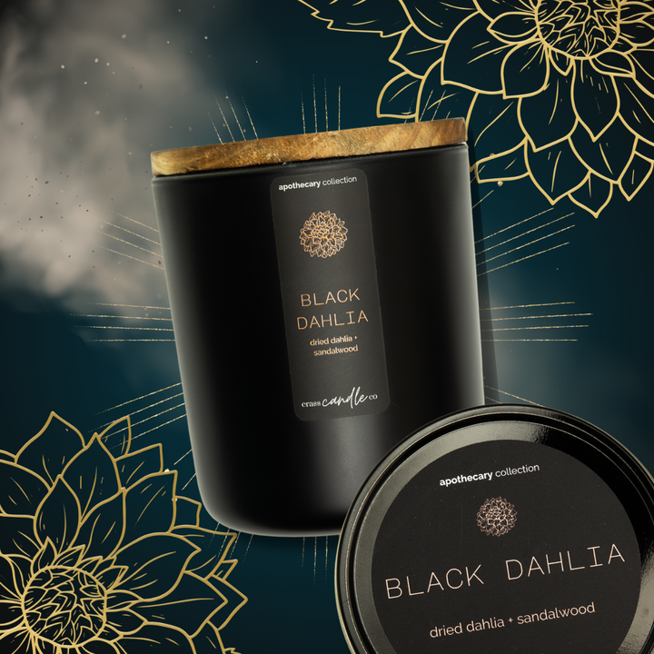 A dark teal background with gold sunbursts and dahlia flowers, with a Black Dahlia jar and tin over it. The black jar has a black rectangle label placed vertically on the jar which has copper lettering that says "Black Dahlia", copper dahlia graphic and scent notes that say "dried dahlia and sandalwood". 